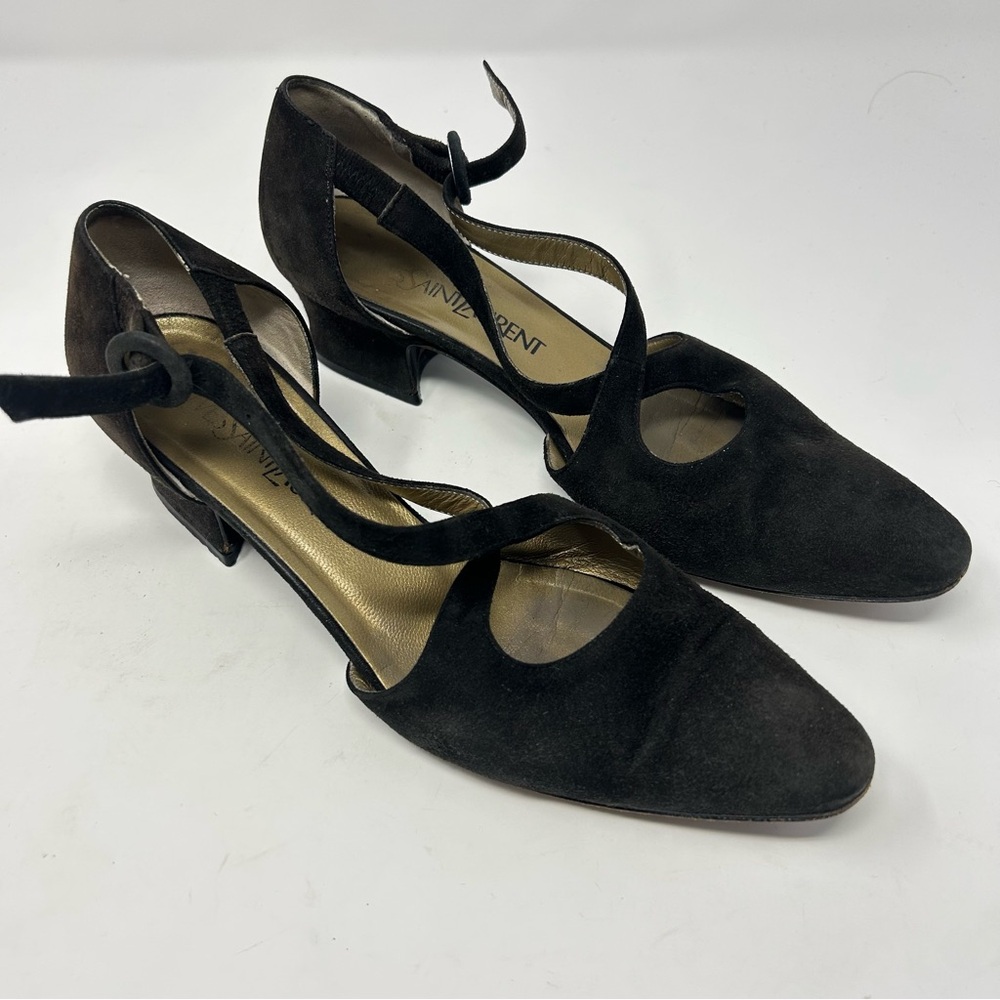Yves Saint Laurent Suede Brown Strap‎ Pumps Size 7.5N Vintage Designer Shoes